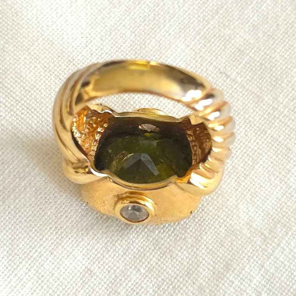 Vintage Sterling 925 Gold Tone Chunky Ring Green Faceted Glass Stone PAS Size 8